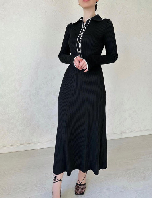 Jet Black Wool Buttoned Knitted Dress