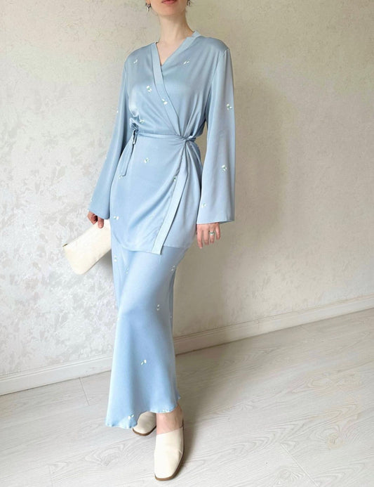 Pastel Blue Silk Suit- Kimono Blouse and Skirt