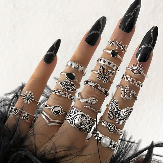 Dark Mystique: 21-Piece Gothic Stacking Ring Set